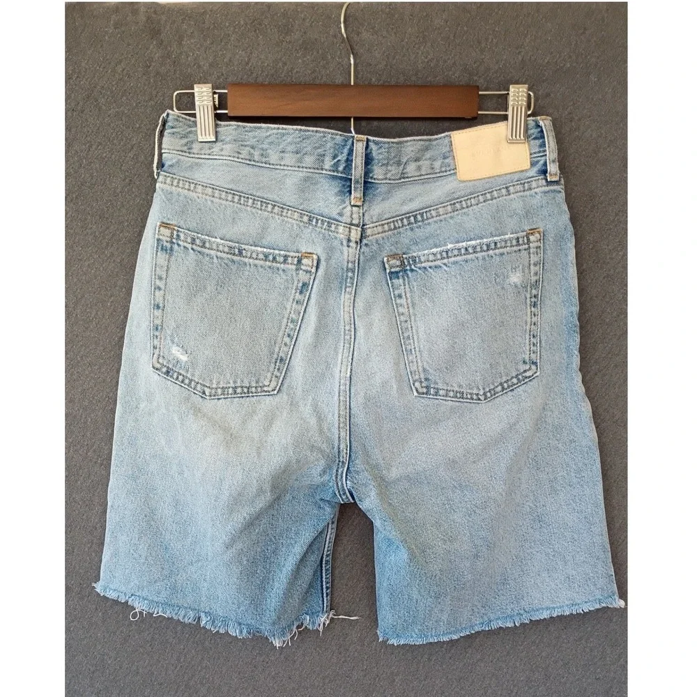 Everlane The Cheeky Long Shorts High Rise Light Wash Raw‎ Hem Button Fly Size 26